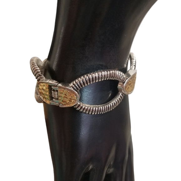 SILVER & GOLDTONE DESIGNER INSPIRED CLAMPER BRACELET - Picture 2 of 7